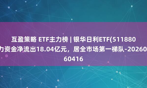 互盈策略 ETF主力榜 | 银华日利ETF(511880)主力资金净流出18.04亿元，居全市场第一梯队-20260416